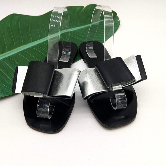 Pollini Italy Black Silver Slip On Bow Sandals Size 38 7 7.5 Metallic Open Toe - Picture 2 of 7